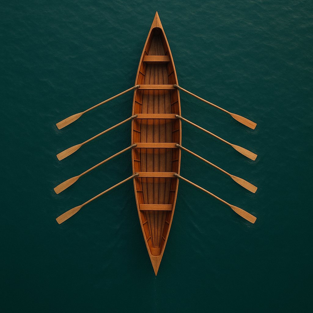 An aerial view of a wooden rowing boat with four pairs of oars laid out and no one aboard