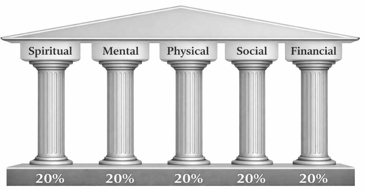 The five pillars of retirement wellness: Spiritual, Mental, Physical, Social, Financial — each carrying 20% of the roof